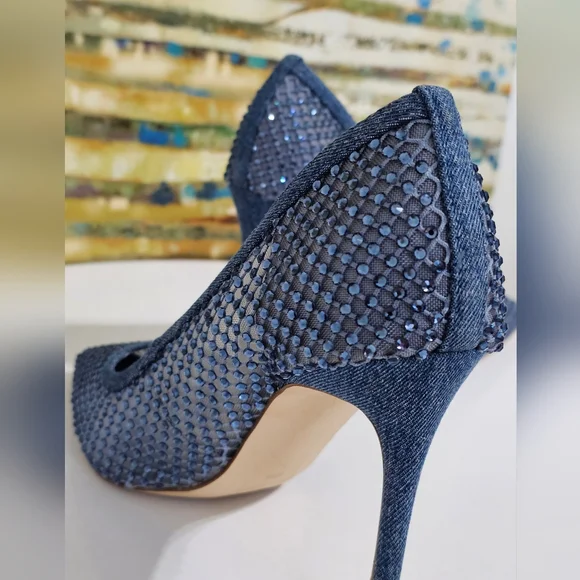 Nine West Freshe Denim Rhinestone Mesh Stiletto Pumps New Size 10 - Picture 6 of 16